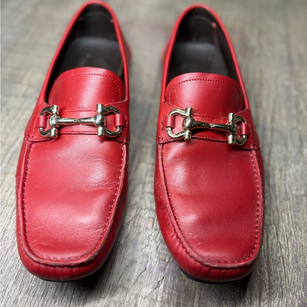 Salvatore Ferragamo Red Driver Loafers with Gancici Bit